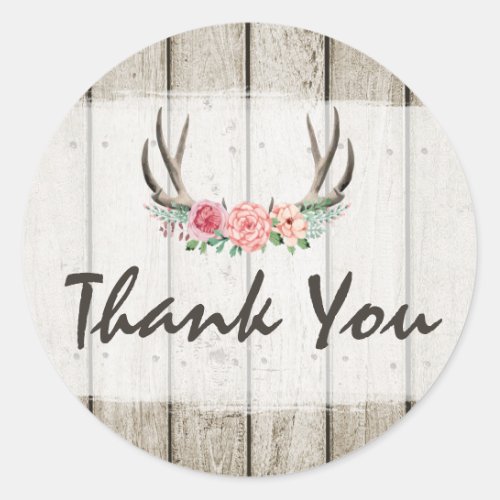 Rustic Floral Antlers Shabby Chic Roses Thank You Classic Round Sticker