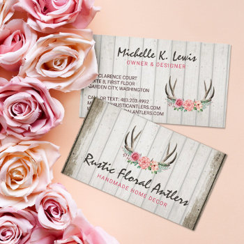 Rustic Floral Antlers Shabby Chic Roses & Wood Business Card by CyanSkyDesign at Zazzle