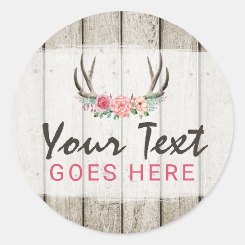 Rustic Floral Antlers Shabby Chic Roses  Wood Classic Round Sticker