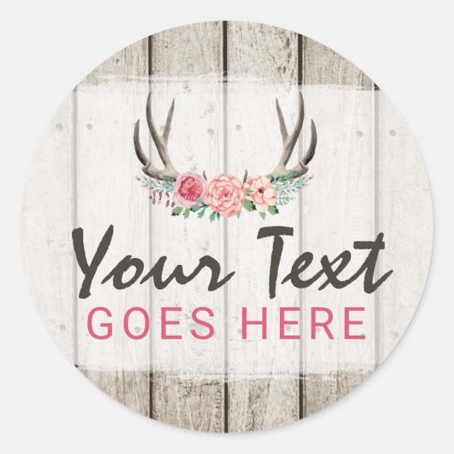 Rustic Floral Antlers Shabby Chic Roses & Wood Classic Round Sticker (Front)