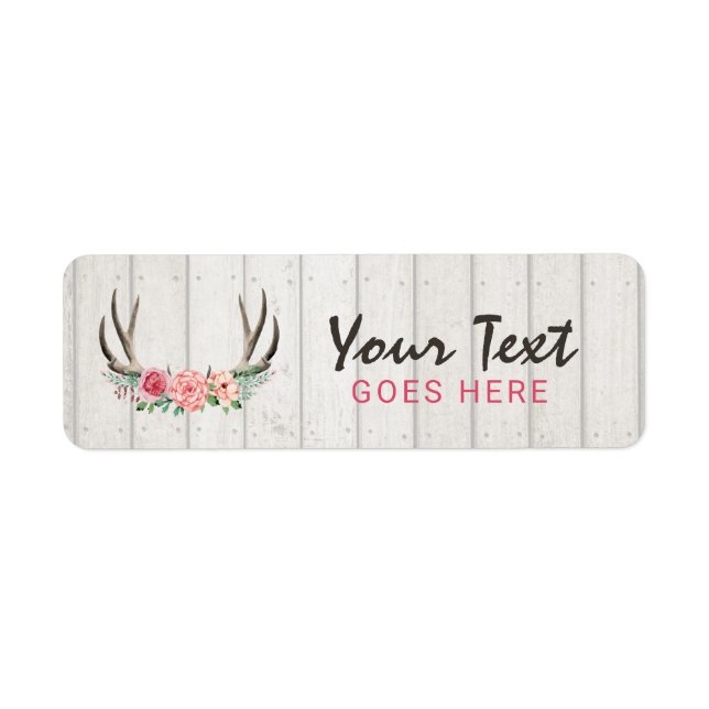 Rustic Floral Antlers Shabby Chic Roses & Wood Label (Front)