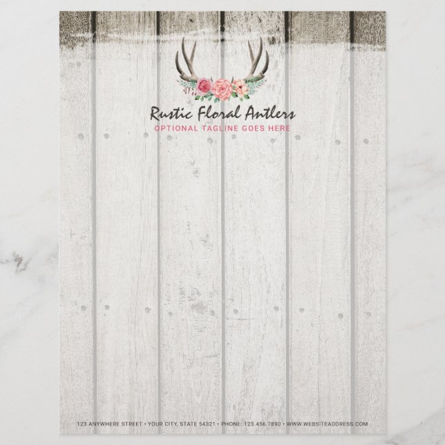 Rustic Floral Antlers Shabby Chic Roses & Wood Letterhead (Front)