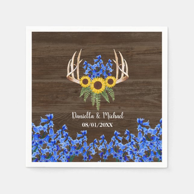 Rustic Floral Antlers Sunflowers Wedding Napkins (Front)