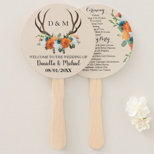 Rustic Floral Antlers Wedding Ceremony Program Hand Fan