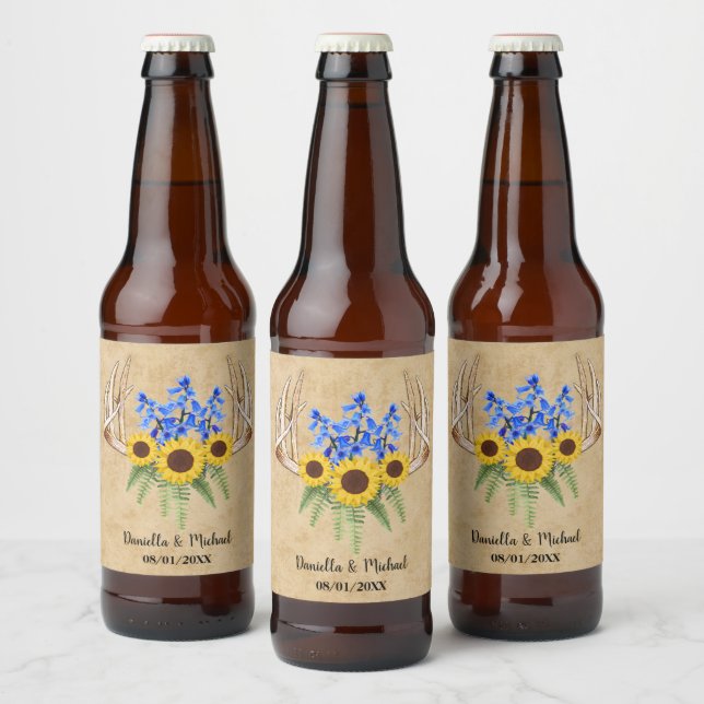 Rustic Floral Antlers Wedding Favor Beer Bottle Label (Bottles)