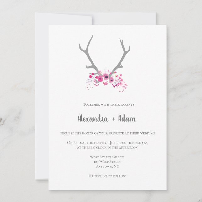Rustic floral antlers wedding invitations (Front)