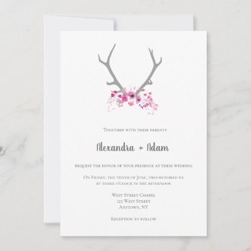 Rustic floral antlers wedding invitations