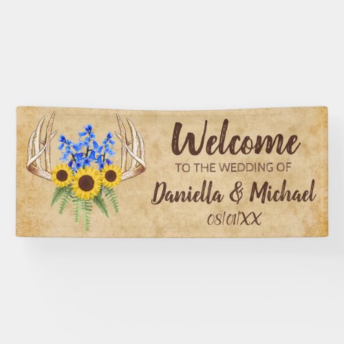 Rustic Floral Antlers Welcome to the Wedding Banner