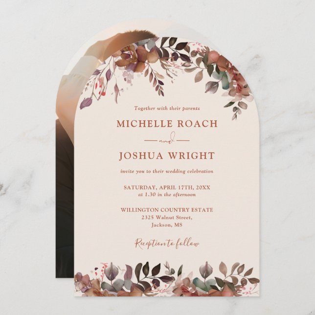 Rustic Floral Arch Photo Autumn Fall Wedding Invitation (Front/Back)