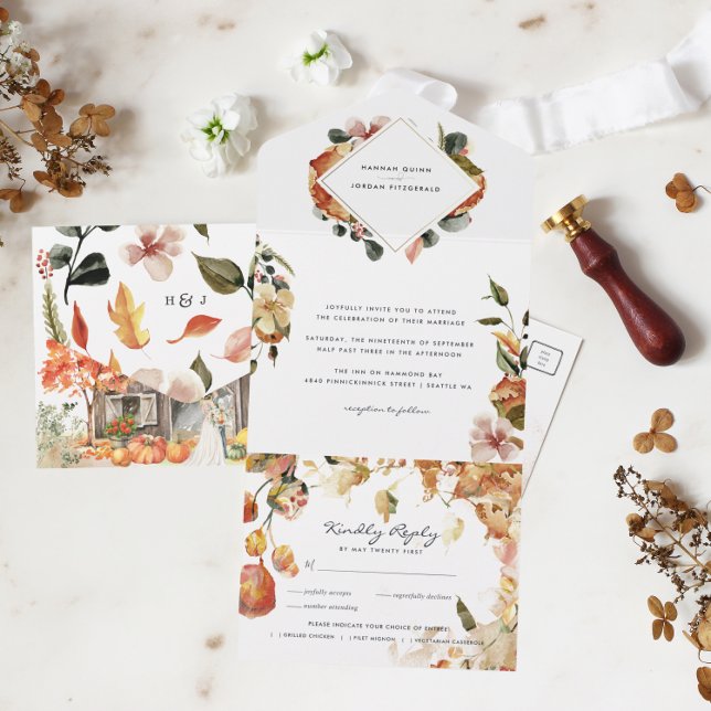 Rustic Floral Autumn Barn Wedding | Fall Leaves All In One Invitation