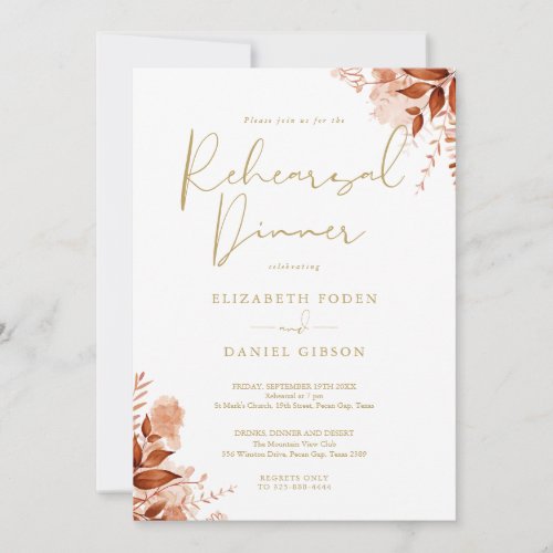 Rustic Floral Autumn Fall Gold Rehearsal Dinner Invitation