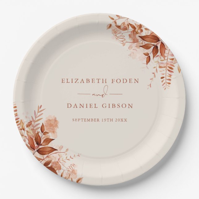 Rustic Floral Autumn Fall Wedding Paper Plates (Front)
