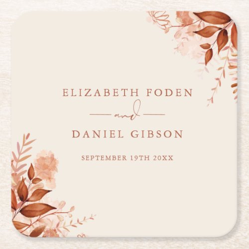 Rustic Floral Autumn Fall Wedding Square Paper Coaster