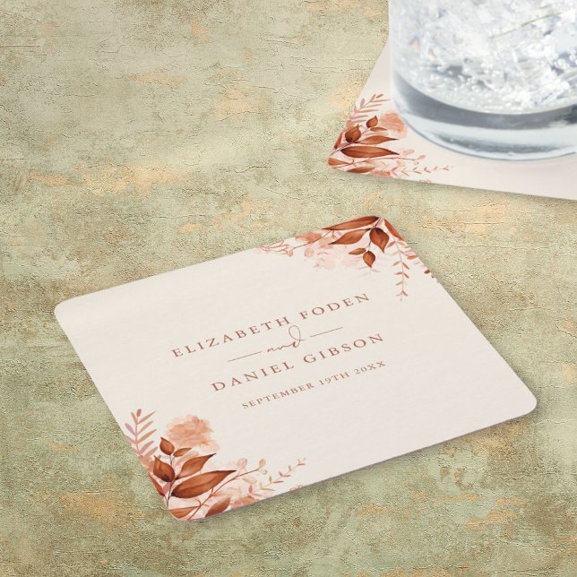 Rustic Floral Autumn Fall Wedding Square Paper Coaster (Rustic Floral Autumn Fall Wedding Square Paper Coaster)