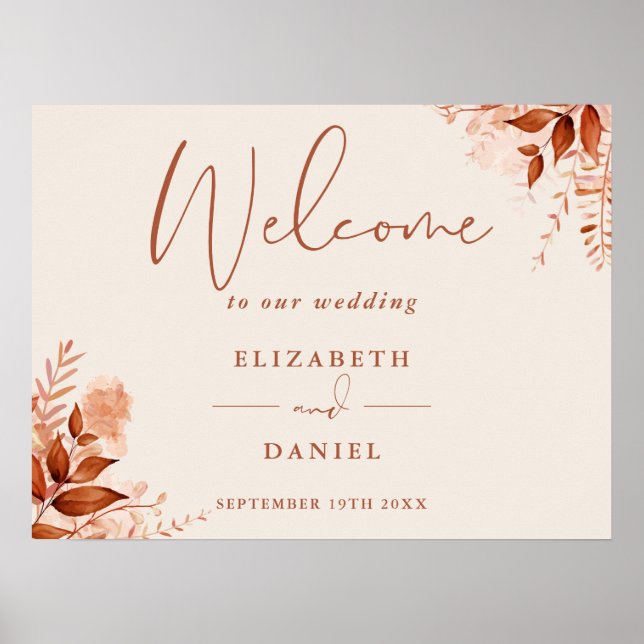 Rustic Floral Autumn Fall Wedding Welcome Sign (Front)