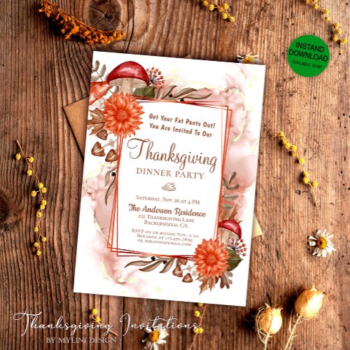 Rustic Floral Autumn Leaves Thanksgiving Dinner Invitation