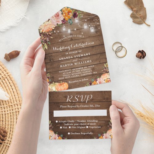 Rustic Floral Autumn Pumpkin String Lights Wedding All In One Invitation