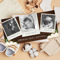 Rustic Floral Baby 3 Photo Birth Announcement