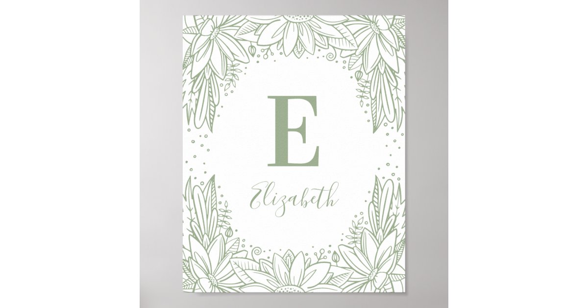 Country Monogram Rustic floral baby monogram. Country green nursery Poster | Zazzle