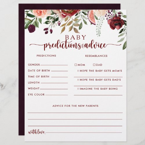 Rustic Floral Baby Predictions and Advice Cards