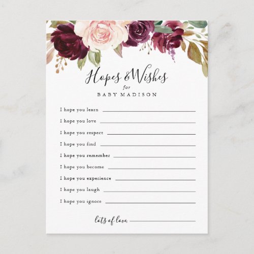 Rustic Floral Baby Shower Hopes  Wishes Card