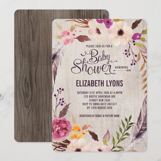 Rustic Floral Baby Shower Invitation Boho Party (Front/Back)
