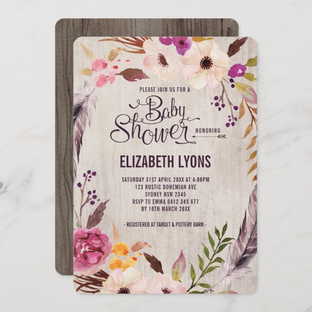 Rustic Floral Baby Shower Invitation Boho Party (Front/Back)