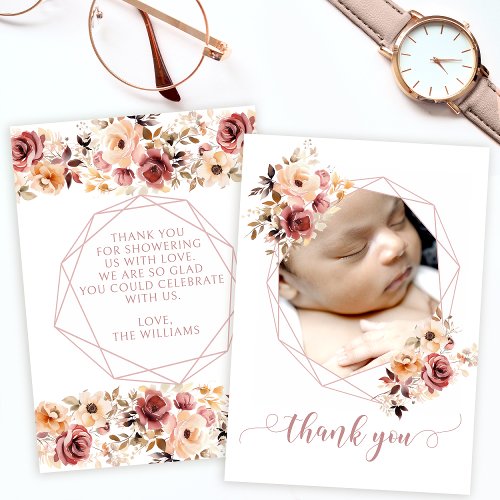 Rustic floral baby shower photo thank you cards