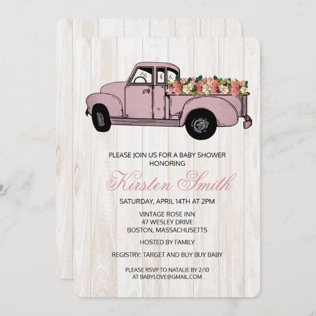 Rustic Floral Baby Shower Truck Invitation (Front/Back)