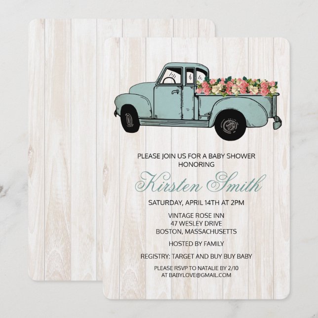 Rustic Floral Baby Shower Truck Invitation (Front/Back)