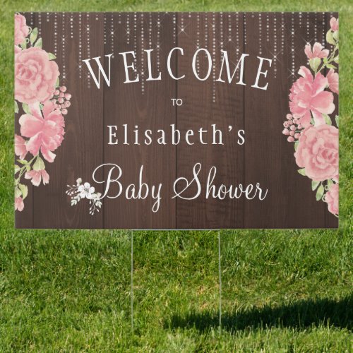 Rustic floral backyard baby shower welcome sign