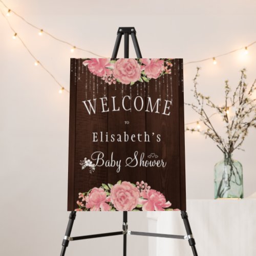 Rustic floral backyard baby shower welcome sign