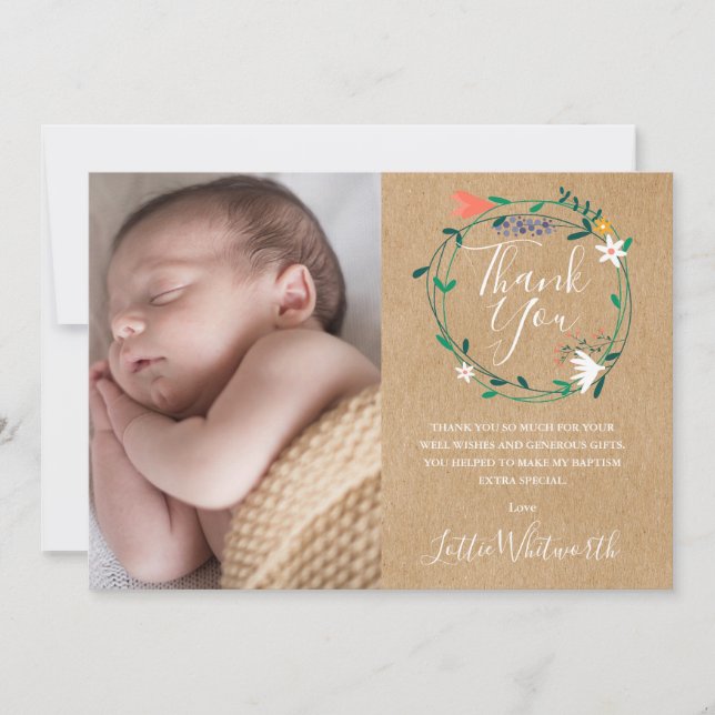 Rustic Floral Baptism, Christening Photo Thank You Card (Front)