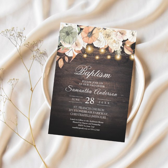 Rustic Floral Baptism Invitation | Fall Wood  (Creator Uploaded)