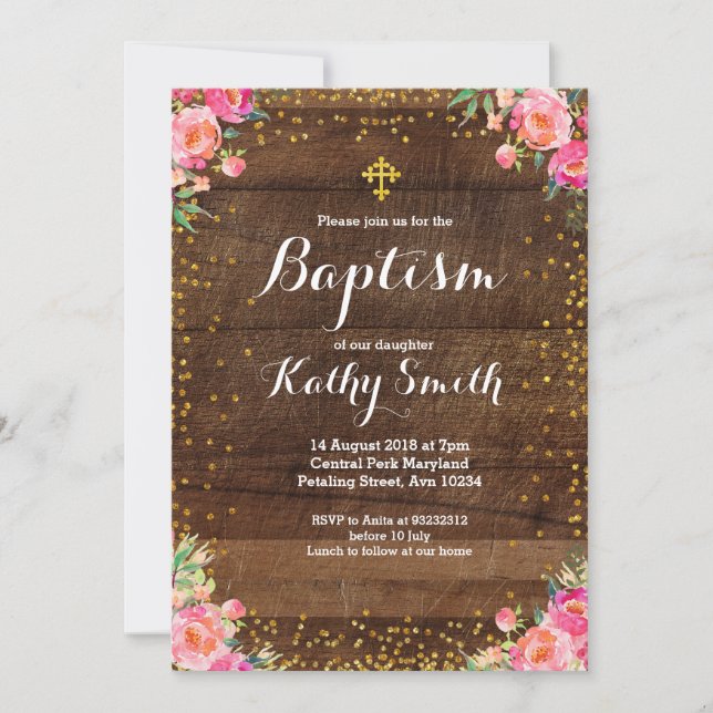 Rustic Floral Baptism Invitation Girl (Front)
