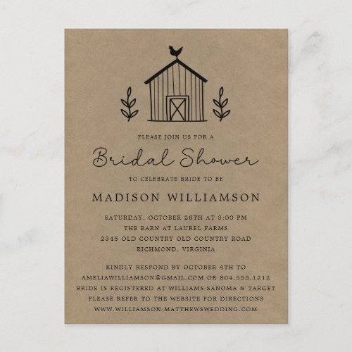 Rustic Floral Barn Kraft Bridal Shower Invitation Postcard