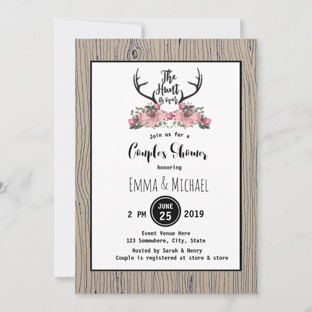 Rustic Floral Barnwood Hunt is Over Couple Shower Invitation (Front)