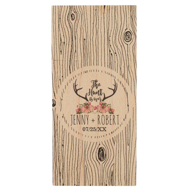 Rustic Floral Barnwood Hunt is Over Wedding Custom Wood USB Flash Drive (Front Vertical)