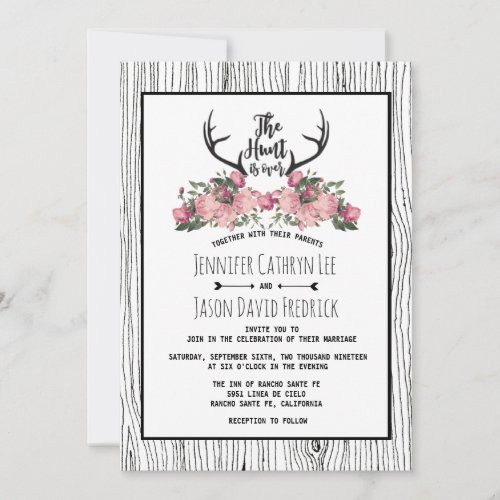 Rustic Floral Barnwood Hunt is Over Wedding Invitation