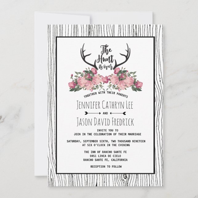 Rustic Floral Barnwood Hunt is Over Wedding Invitation (Front)