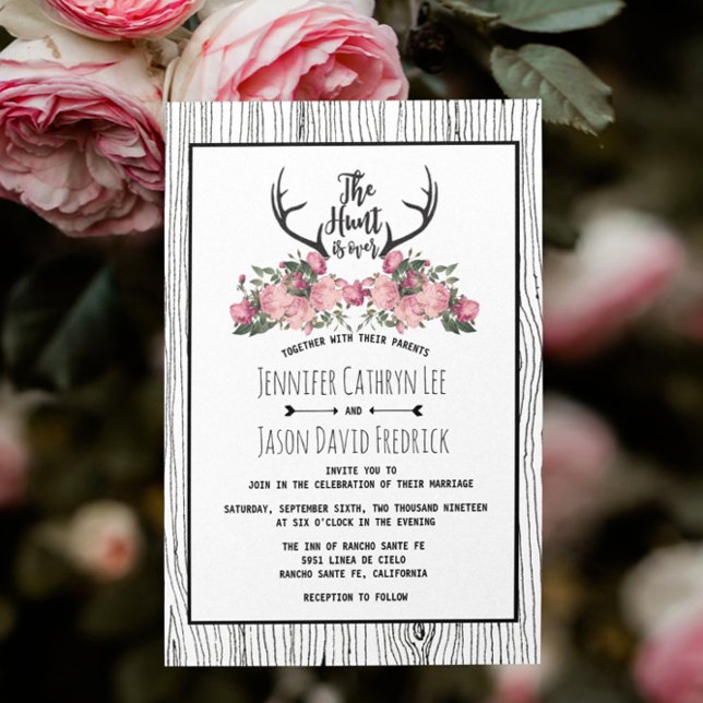 Rustic Floral Barnwood Hunt is Over Wedding Invitation (Creator Uploaded)
