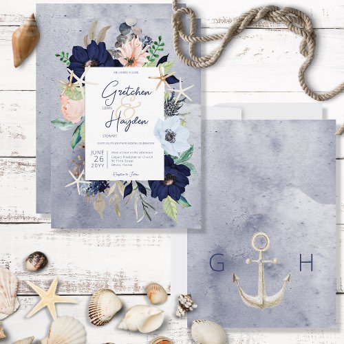 Rustic Floral Beach Nautical Wedding Invitation