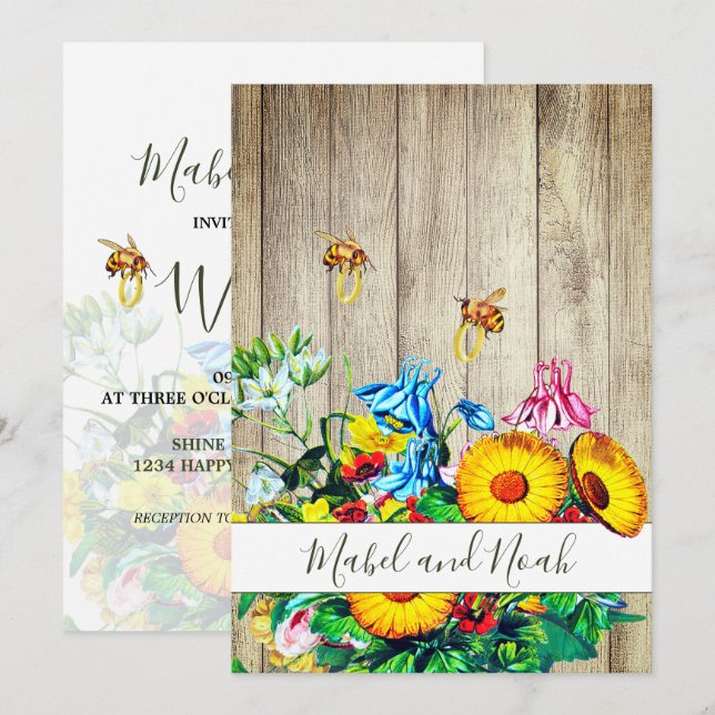Rustic Floral Bees  Gold Eco Wedding Invitation (Front/Back)