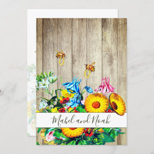 Rustic Floral Bees Gold Eco Wedding Invitation