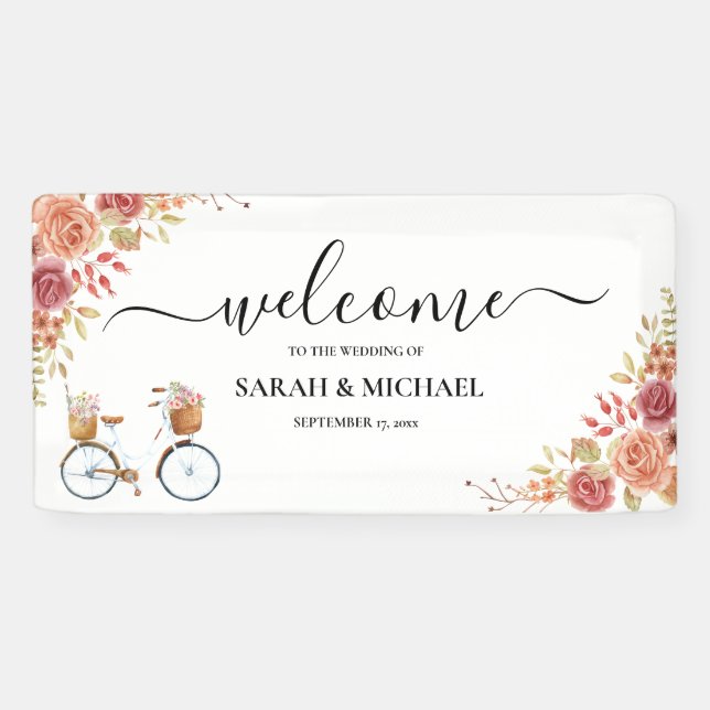 Rustic Floral Bicycle Wedding Welcome Banner (Horizontal)