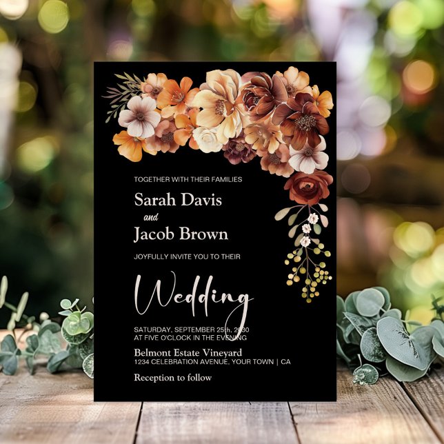 Rustic Floral Black Wedding Invitation (Creator Uploaded)