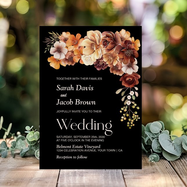 Rustic Floral Black Wedding Invitation (Creator Uploaded)