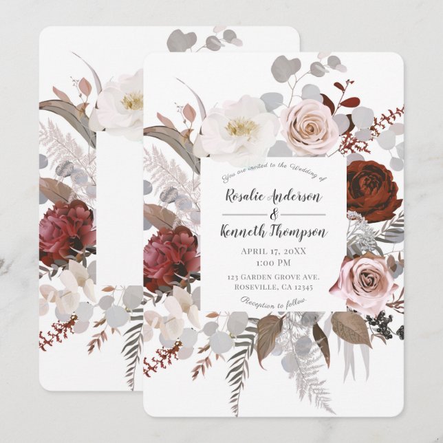 Rustic Floral Blooms Blush Grey Red Leaves Wedding Invitation (Front/Back)
