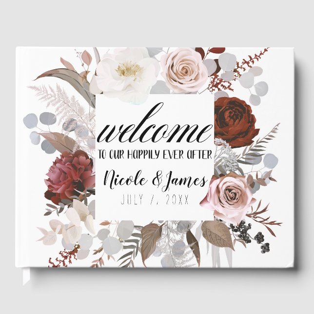 Rustic Floral Blooms Blush Grey Red Wedding Guest Book (Front)
