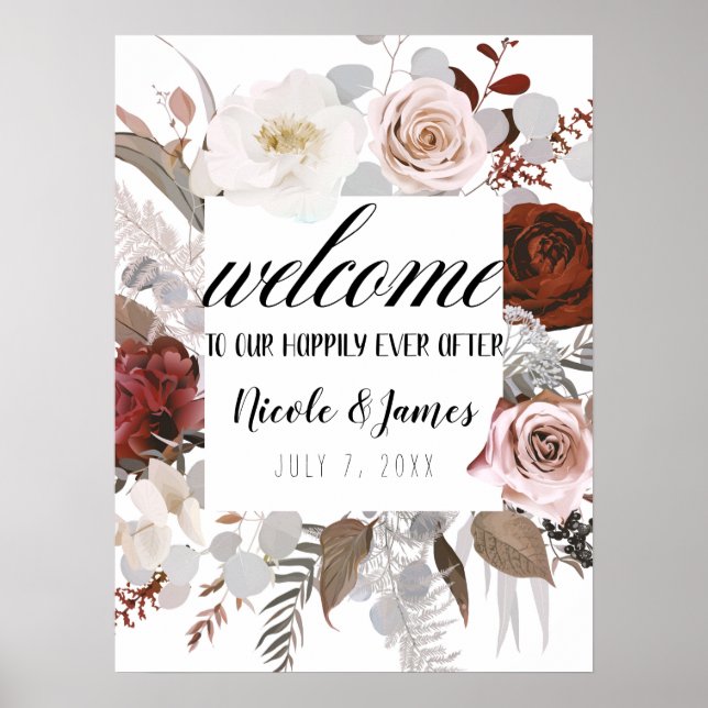 Rustic Floral Blooms Blush Grey Red Wedding Sign (Front)